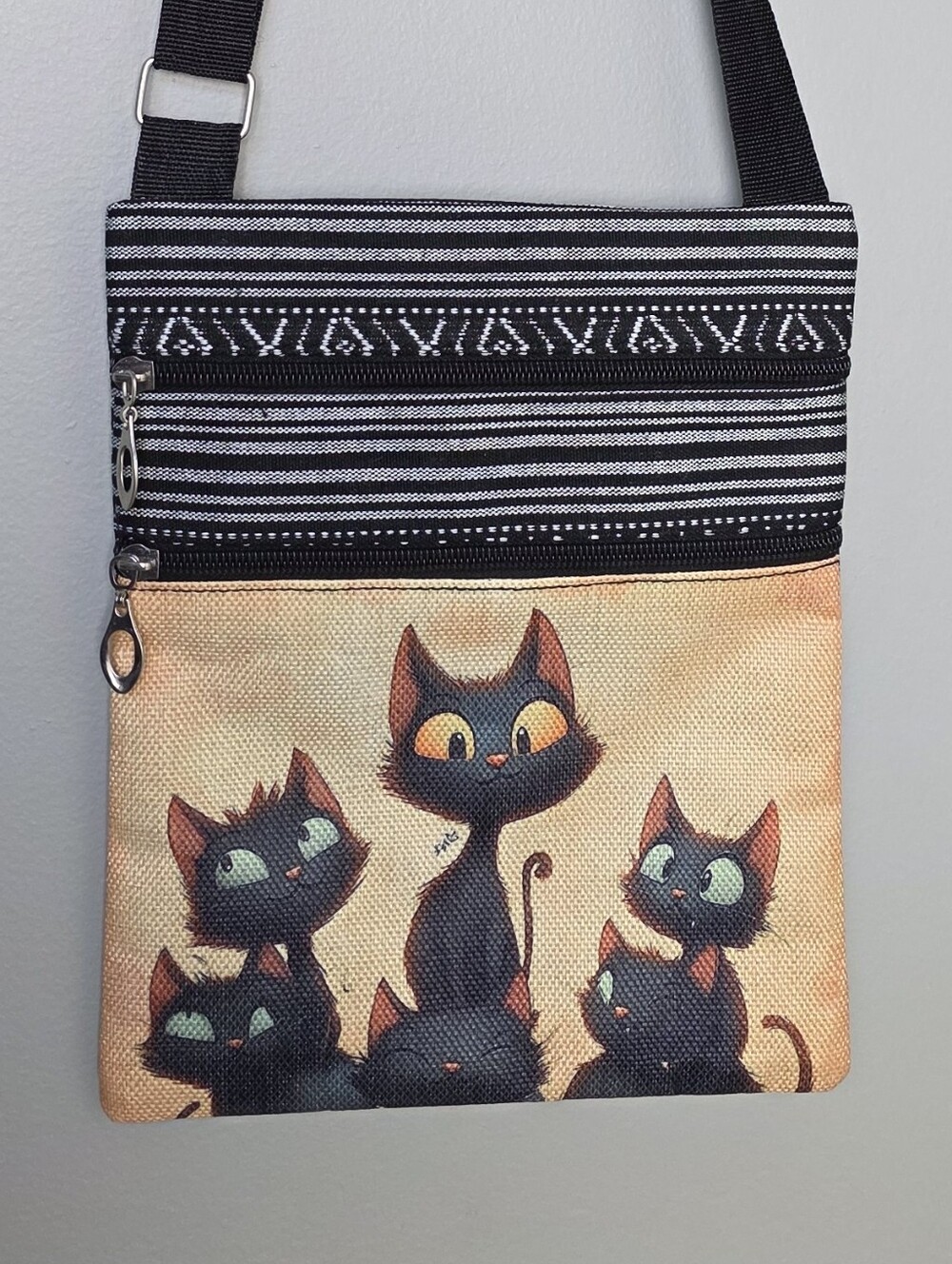 NWT Black Cat Print Crossbody Bag | Boho Geo Stripe Canvas Purse Book Carry